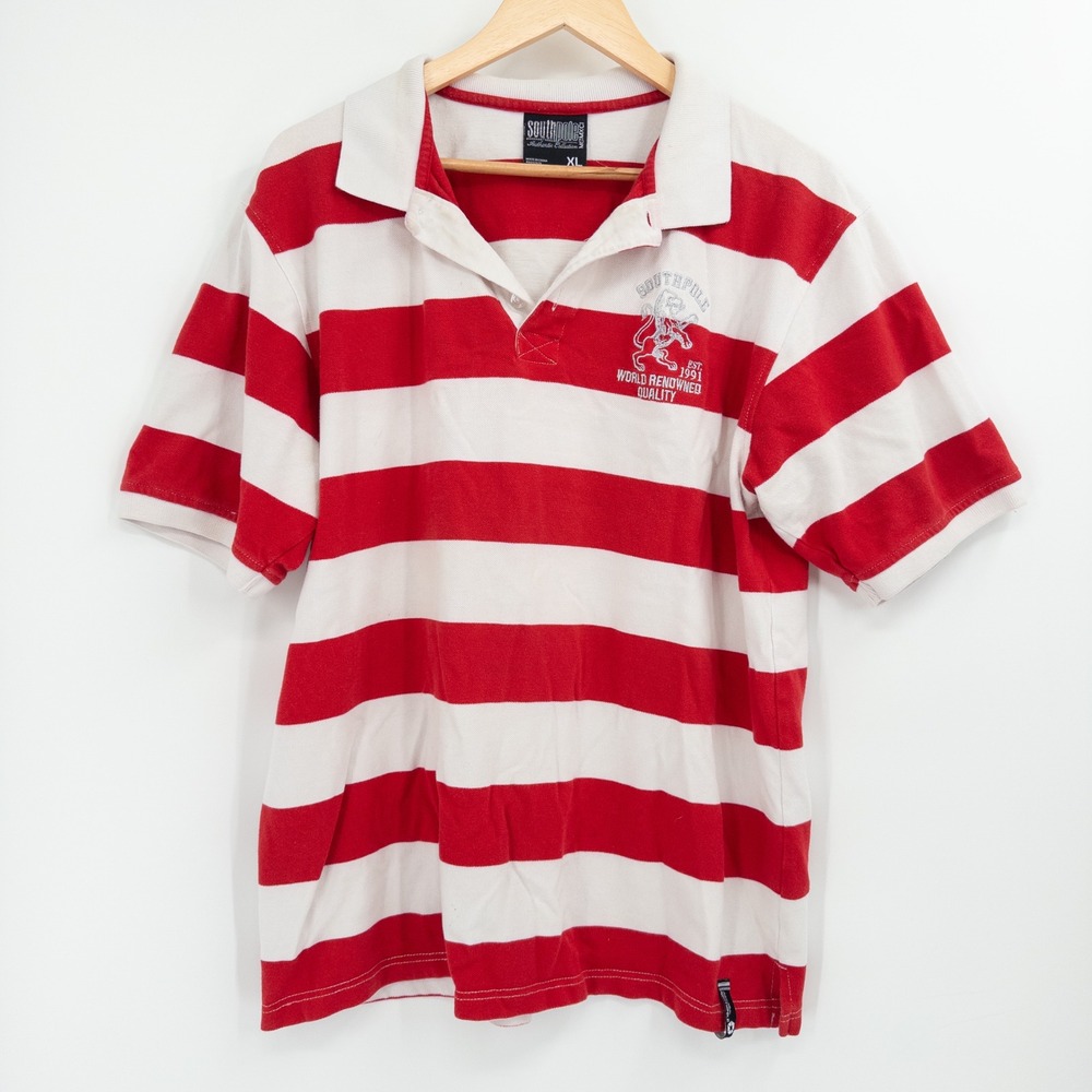 Southpole Polo Shirt Mens XL Red White Striped Vintage Y2K Streetwear Lion Crest